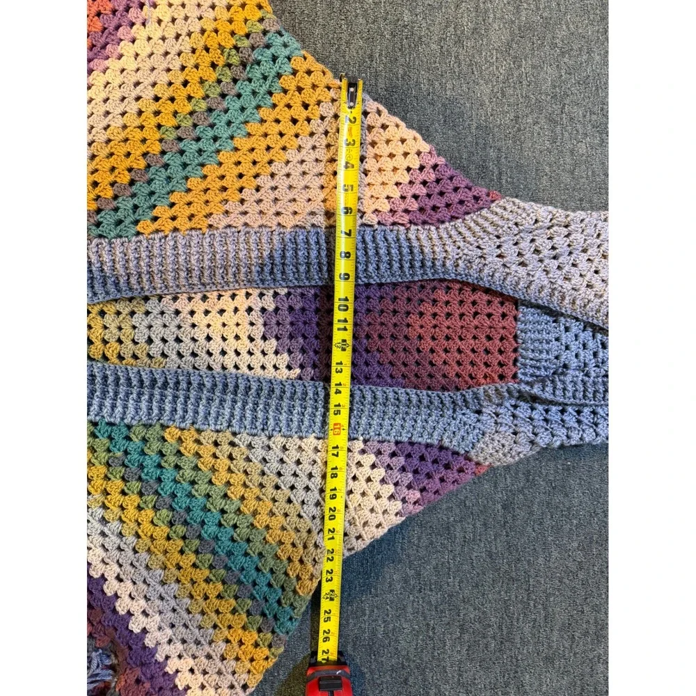 Handmade Crochet Hooded Shawl Wrap Multicolor Striped Fringe Boho Cardigan Gray